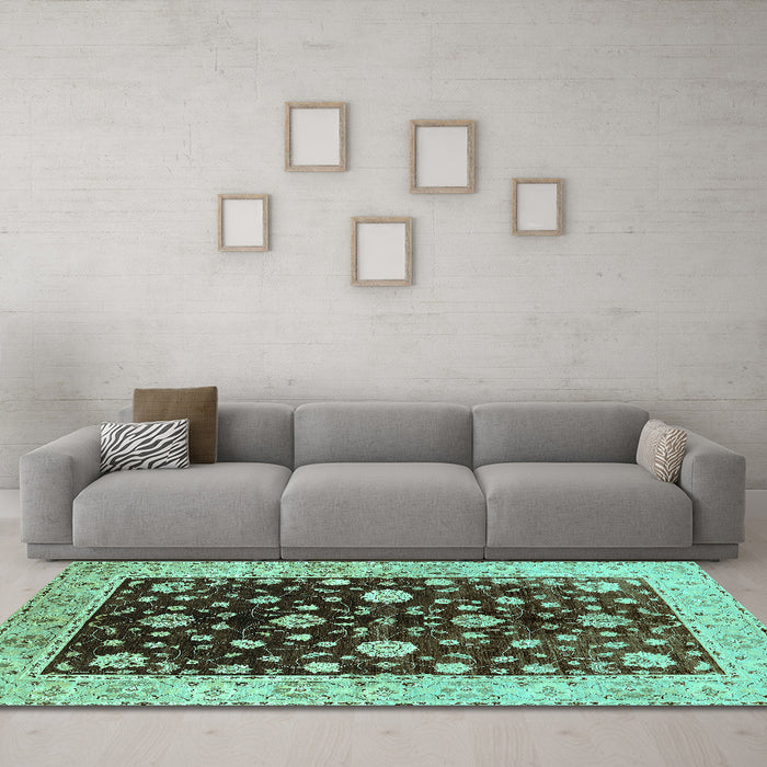 Machine Washable Oriental Turquoise Traditional Area Rugs in a Living Room,, wshurb706turq