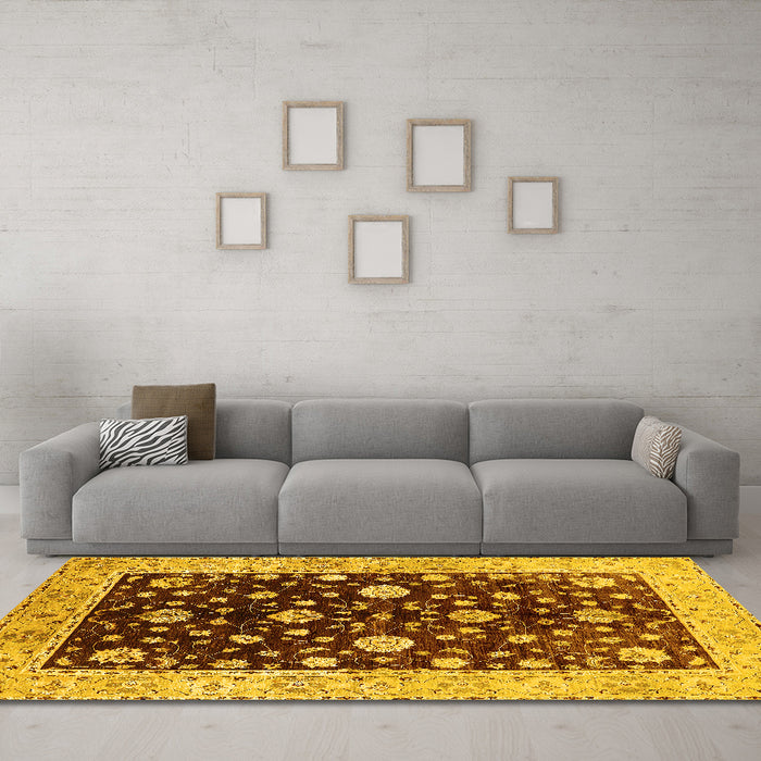 Machine Washable Oriental Yellow Traditional Rug in a Living Room, wshurb706yw