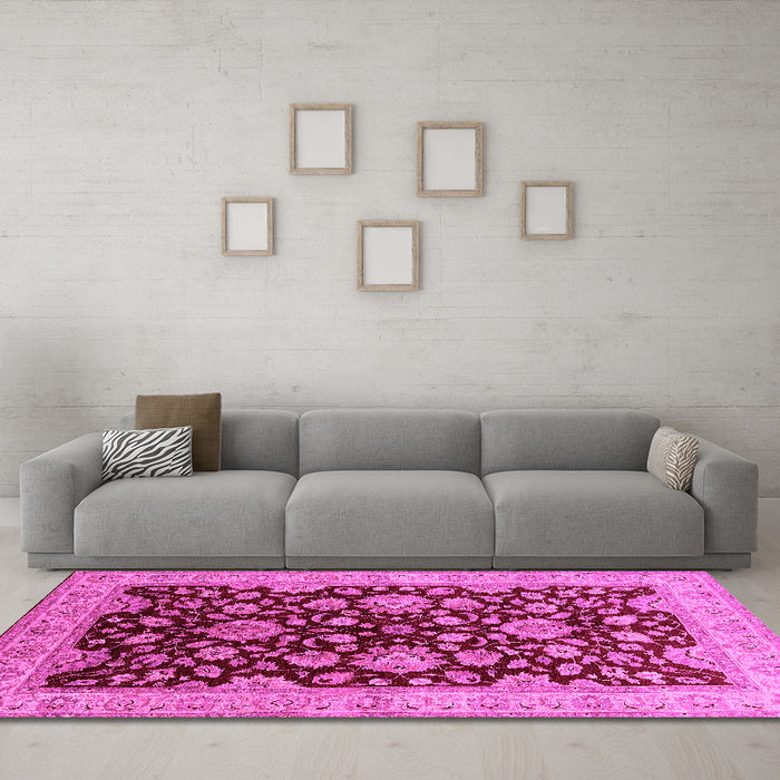Machine Washable Oriental Pink Traditional Rug in a Living Room, wshurb707pnk