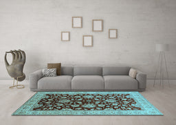 Machine Washable Oriental Light Blue Traditional Rug in a Living Room, wshurb707lblu