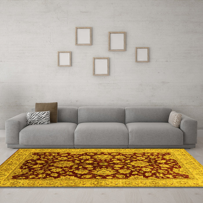 Machine Washable Oriental Yellow Traditional Rug in a Living Room, wshurb707yw