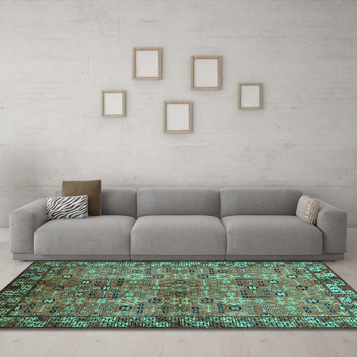 Machine Washable Oriental Turquoise Industrial Area Rugs in a Living Room,, wshurb708turq