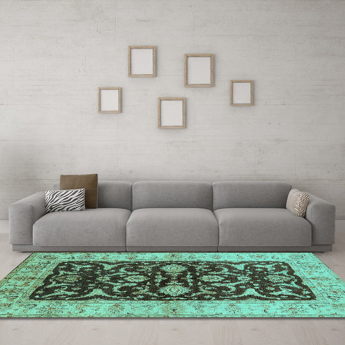 Machine Washable Oriental Turquoise Traditional Area Rugs in a Living Room,, wshurb709turq