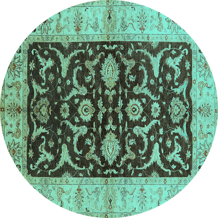 Round Machine Washable Oriental Turquoise Traditional Area Rugs, wshurb709turq