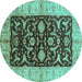 Round Machine Washable Oriental Turquoise Traditional Area Rugs, wshurb709turq