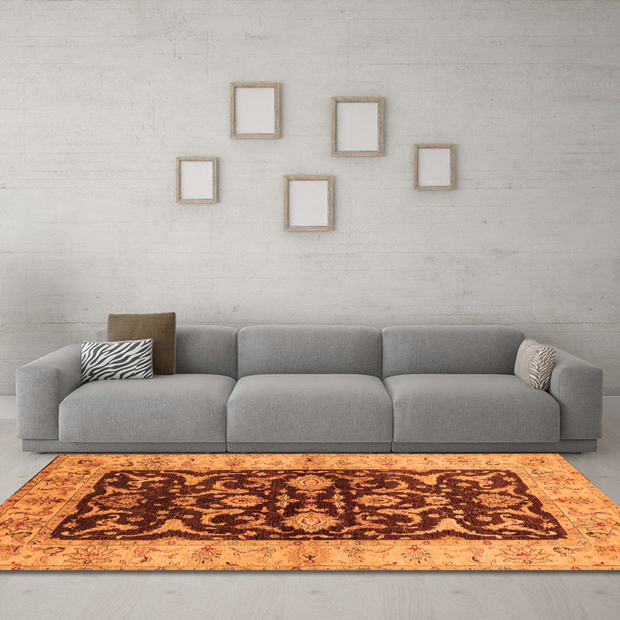 Machine Washable Oriental Orange Traditional Area Rugs in a Living Room, wshurb709org