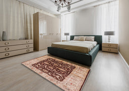 Mid-Century Modern Sandy Brown Oriental Rug in a Bedroom, urb709