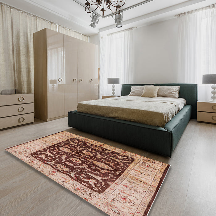 Mid-Century Modern Sandy Brown Oriental Rug in a Bedroom, urb709