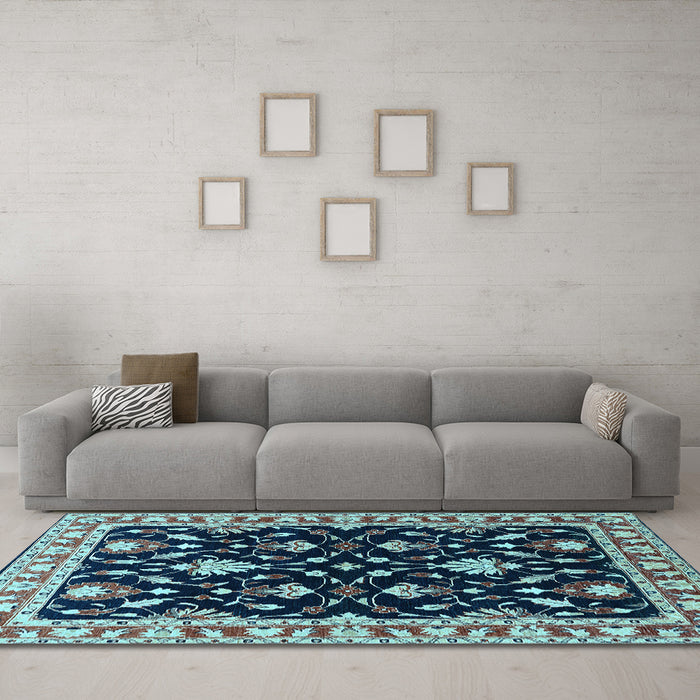 Machine Washable Oriental Light Blue Traditional Rug in a Living Room, wshurb710lblu