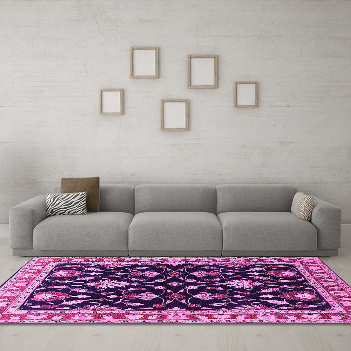 Machine Washable Oriental Pink Traditional Rug in a Living Room, wshurb710pnk