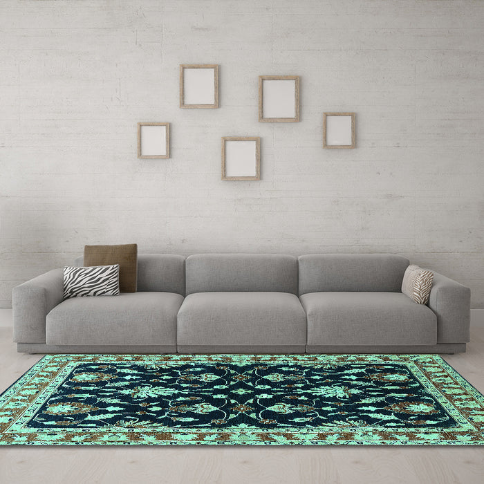 Machine Washable Oriental Turquoise Traditional Area Rugs in a Living Room,, wshurb710turq