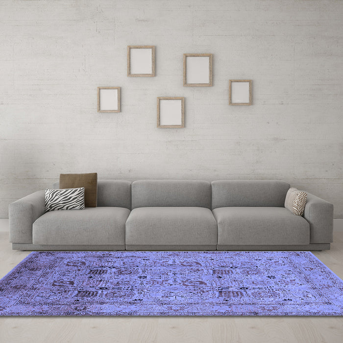 Machine Washable Oriental Blue Industrial Rug in a Living Room, wshurb711blu