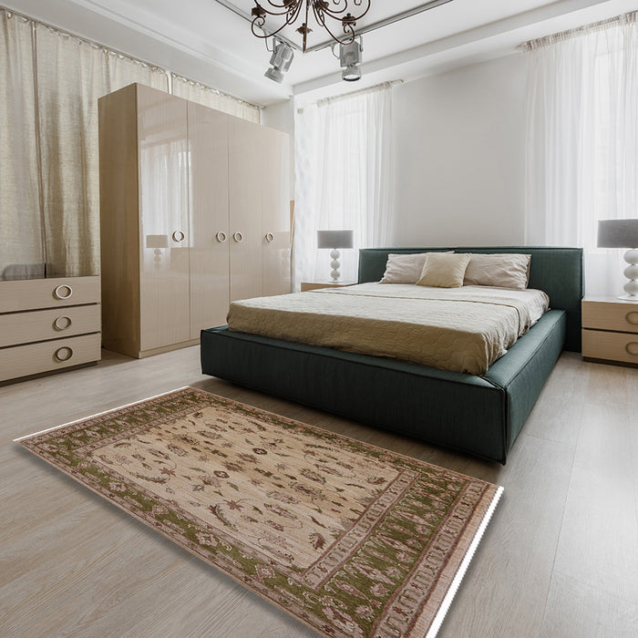 Mid-Century Modern Camel Brown Oriental Rug in a Bedroom, urb712