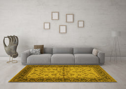 Machine Washable Oriental Yellow Traditional Rug in a Living Room, wshurb712yw