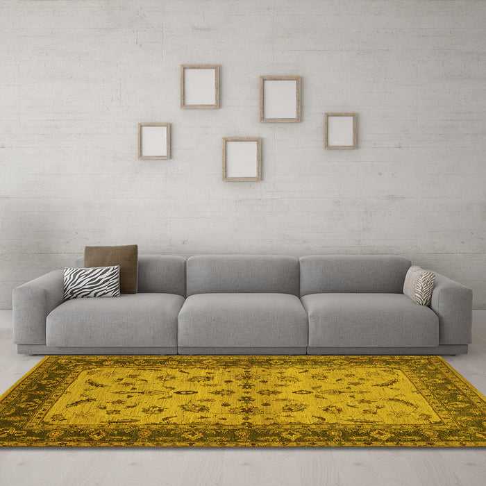 Machine Washable Oriental Yellow Traditional Rug in a Living Room, wshurb712yw