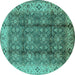 Round Machine Washable Oriental Turquoise Traditional Area Rugs, wshurb713turq