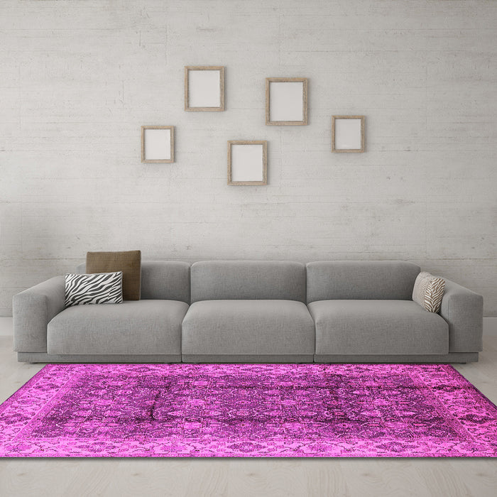 Machine Washable Oriental Pink Traditional Rug in a Living Room, wshurb713pnk