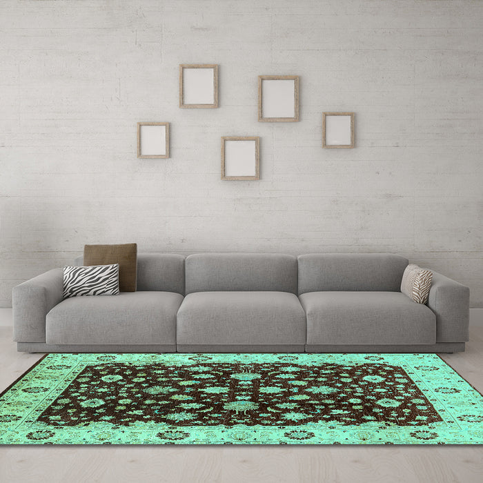 Machine Washable Oriental Turquoise Industrial Area Rugs in a Living Room,, wshurb714turq