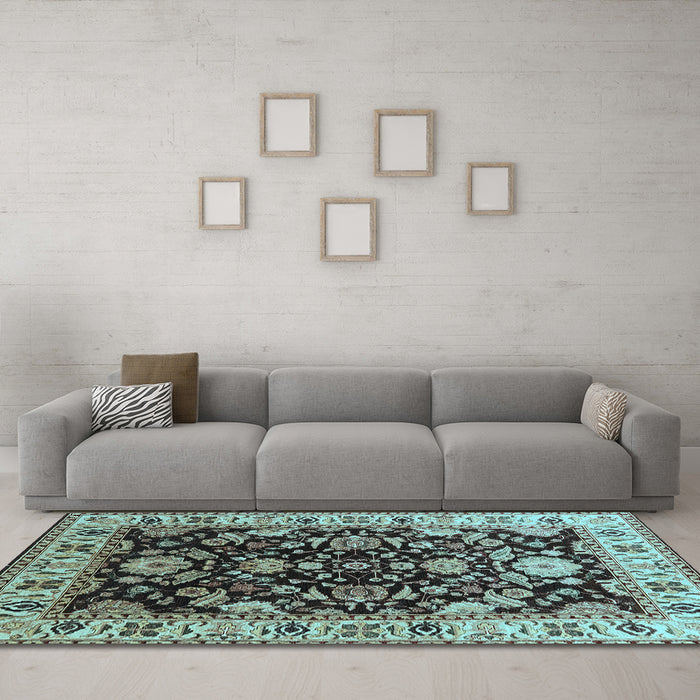 Machine Washable Oriental Light Blue Industrial Rug in a Living Room, wshurb715lblu