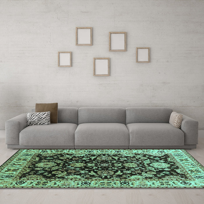 Machine Washable Oriental Turquoise Industrial Area Rugs in a Living Room,, wshurb715turq