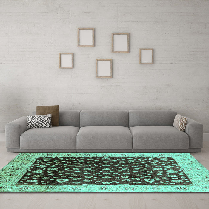 Machine Washable Oriental Turquoise Industrial Area Rugs in a Living Room,, wshurb716turq