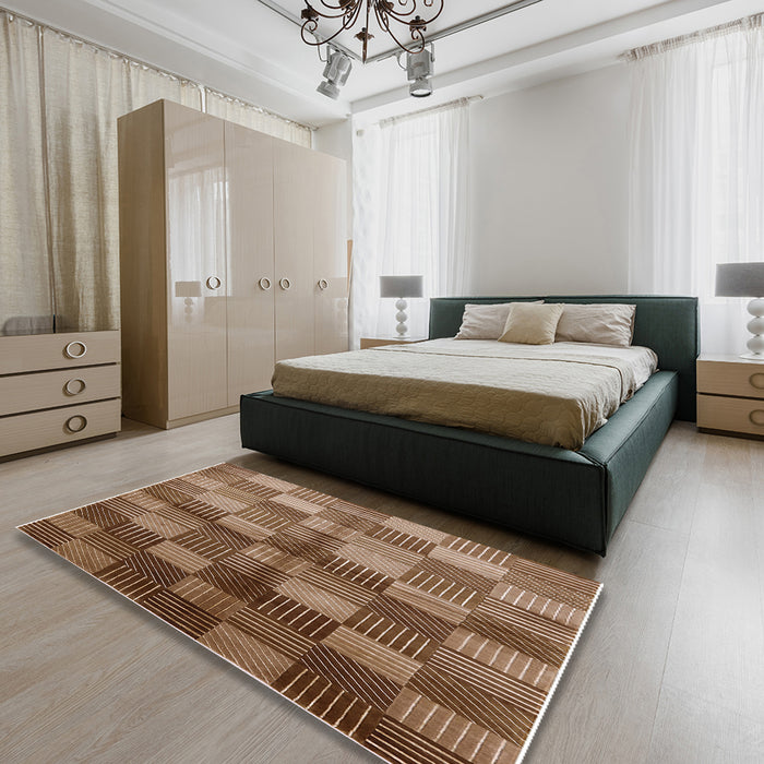 Mid-Century Modern Light Copper Gold Oriental Rug in a Bedroom, urb719