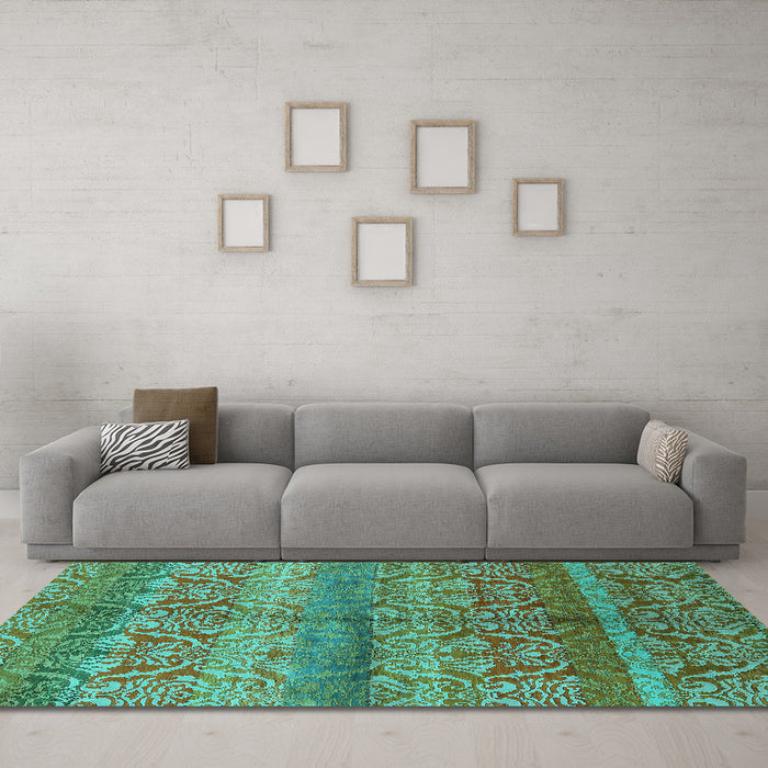 Machine Washable Oriental Turquoise Industrial Area Rugs in a Living Room,, wshurb721turq