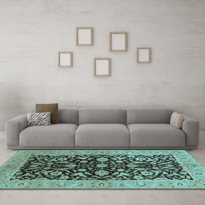 Machine Washable Oriental Light Blue Industrial Rug in a Living Room, wshurb722lblu