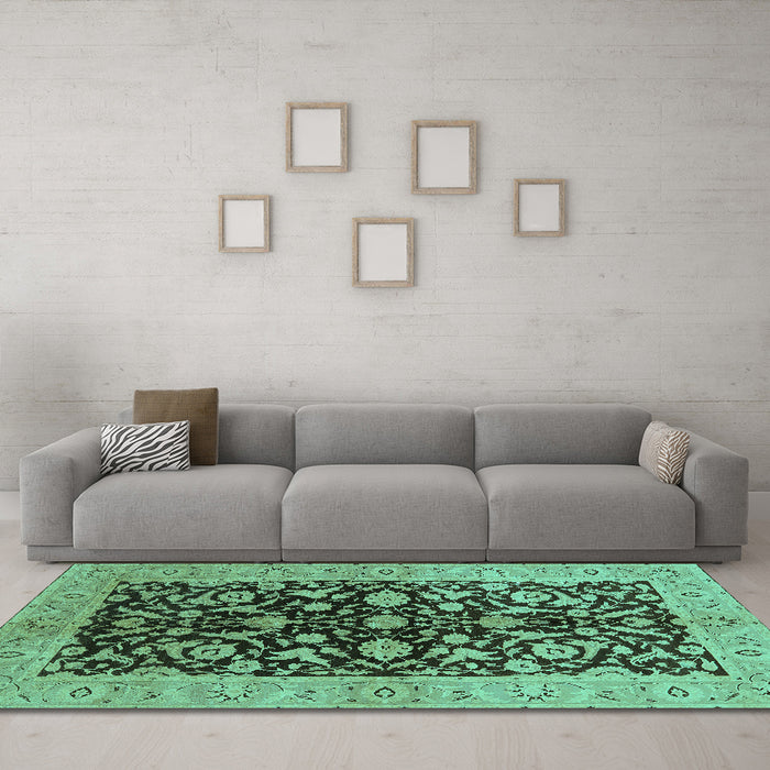 Machine Washable Oriental Turquoise Industrial Area Rugs in a Living Room,, wshurb722turq