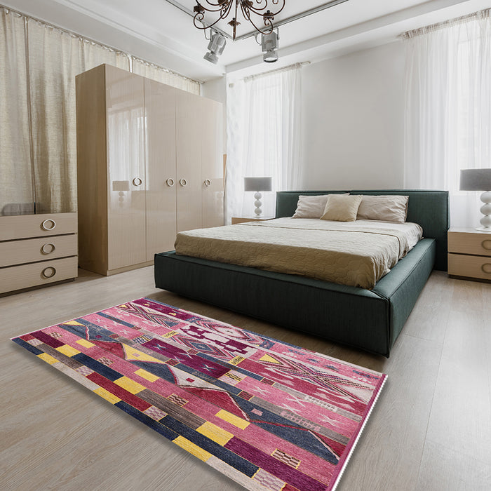 Mid-Century Modern Pink Oriental Rug in a Bedroom, urb725
