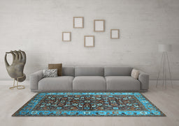 Machine Washable Oriental Light Blue Industrial Rug in a Living Room, wshurb728lblu