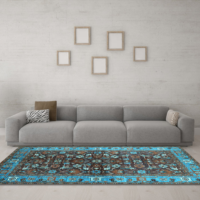 Machine Washable Oriental Light Blue Industrial Rug in a Living Room, wshurb728lblu