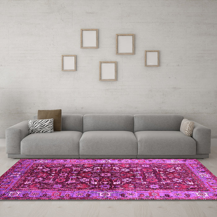 Machine Washable Oriental Pink Industrial Rug in a Living Room, wshurb728pnk