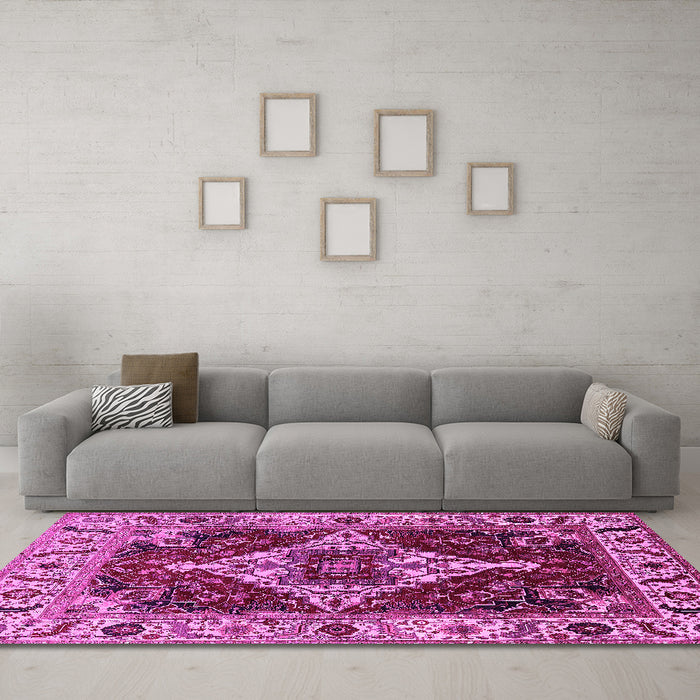 Machine Washable Oriental Pink Industrial Rug in a Living Room, wshurb729pnk