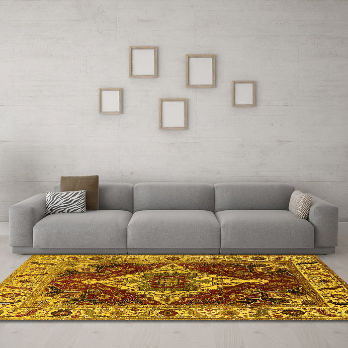 Machine Washable Oriental Yellow Industrial Rug in a Living Room, wshurb729yw