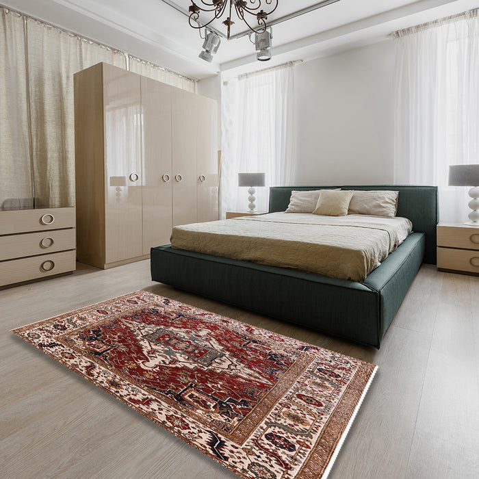 Mid-Century Modern Saffron Red Oriental Rug in a Bedroom, urb729