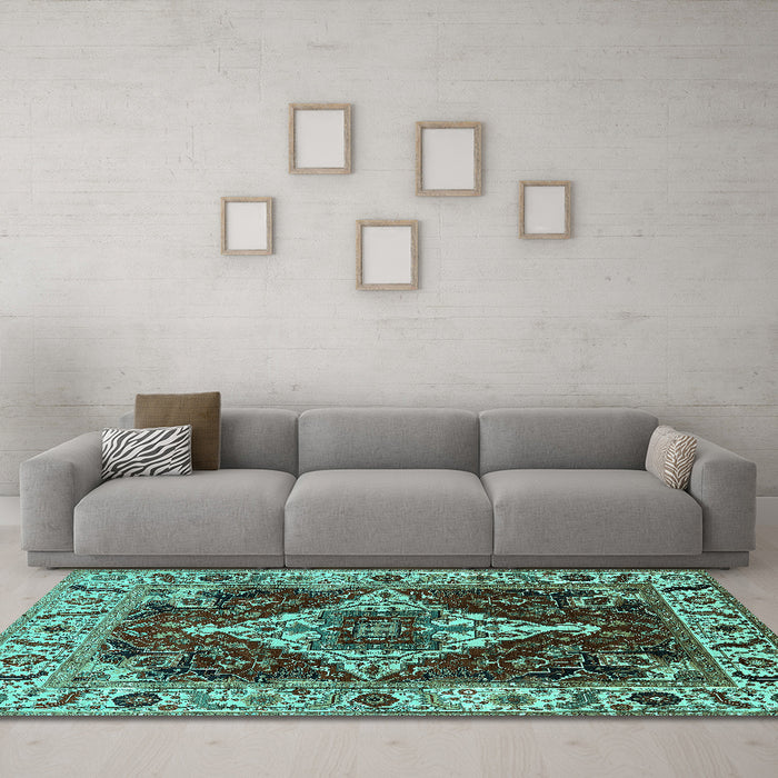 Machine Washable Oriental Turquoise Industrial Area Rugs in a Living Room,, wshurb729turq