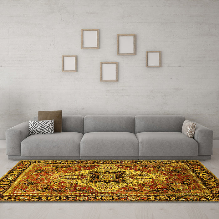 Machine Washable Oriental Yellow Industrial Rug in a Living Room, wshurb730yw