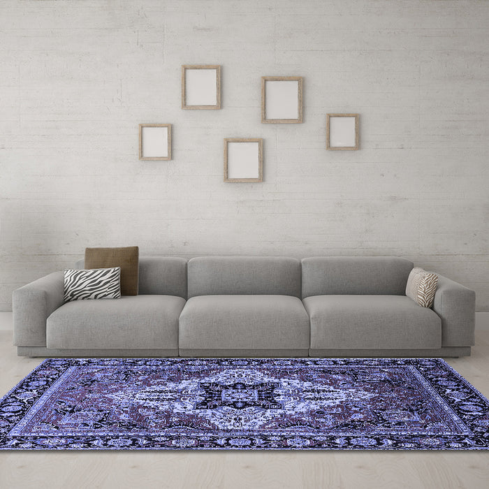 Machine Washable Oriental Blue Industrial Rug in a Living Room, wshurb730blu