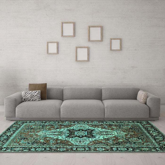 Machine Washable Oriental Turquoise Industrial Area Rugs in a Living Room,, wshurb730turq