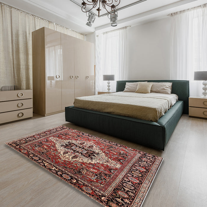 Mid-Century Modern Camel Brown Oriental Rug in a Bedroom, urb730