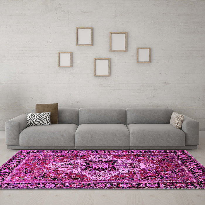 Machine Washable Oriental Pink Industrial Rug in a Living Room, wshurb730pnk