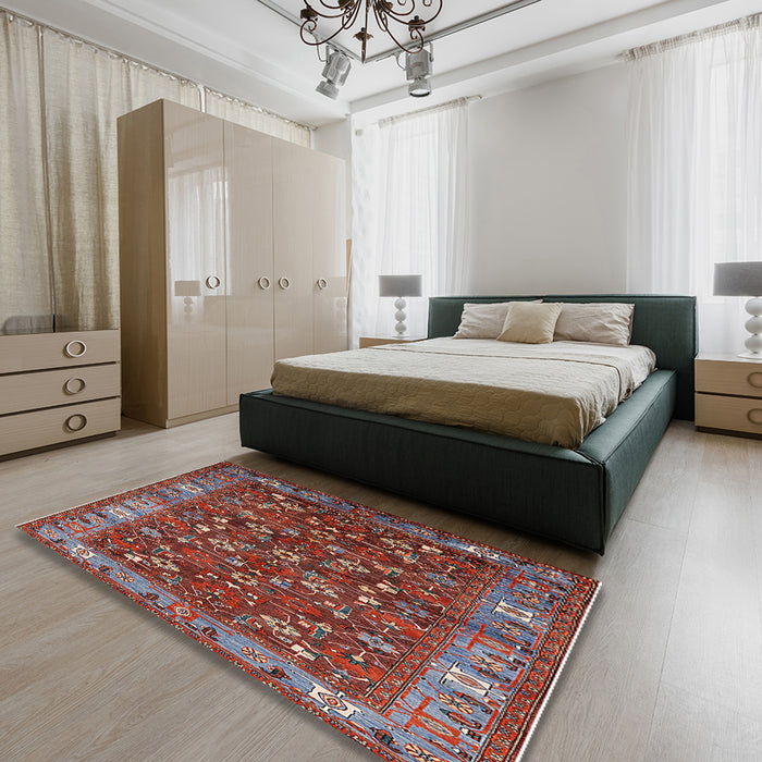 Mid-Century Modern Red Oriental Rug in a Bedroom, urb731