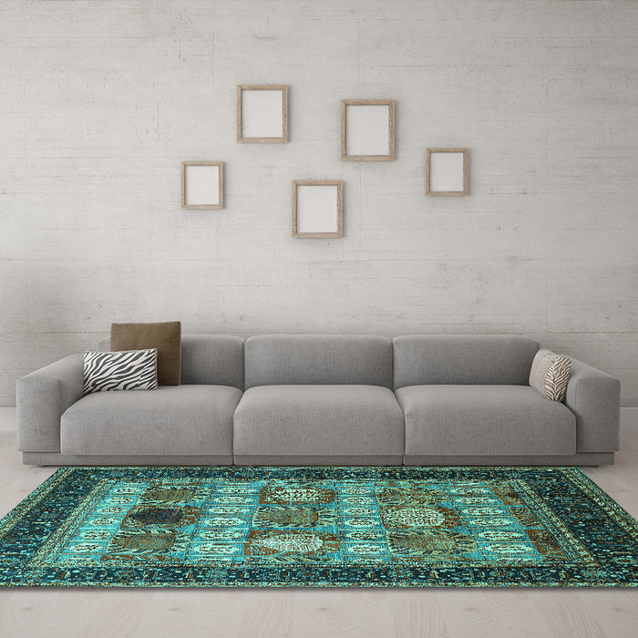 Machine Washable Oriental Turquoise Industrial Area Rugs in a Living Room,, wshurb732turq
