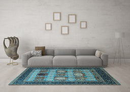 Machine Washable Oriental Light Blue Industrial Rug in a Living Room, wshurb732lblu