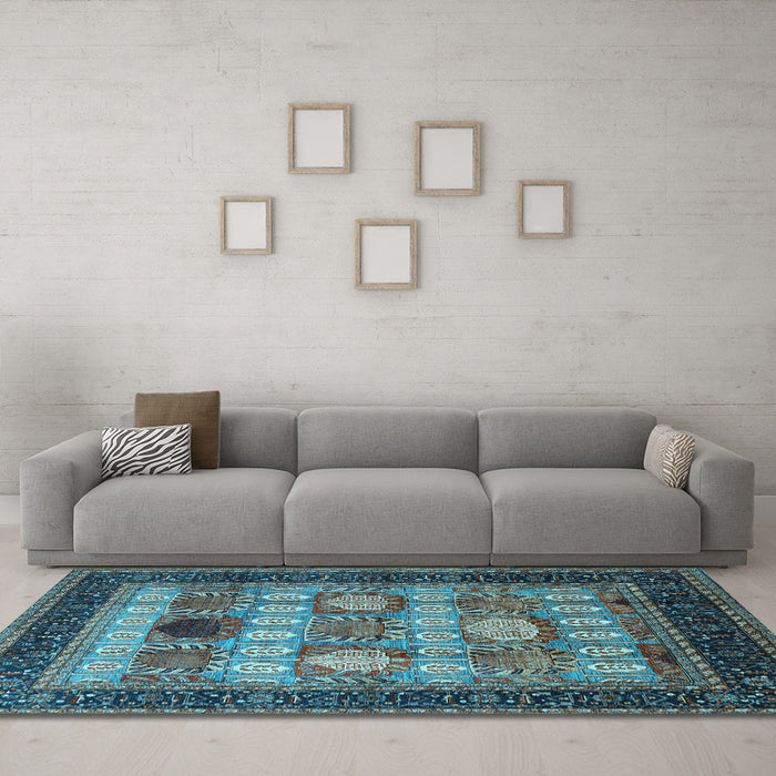 Machine Washable Oriental Light Blue Industrial Rug in a Living Room, wshurb732lblu