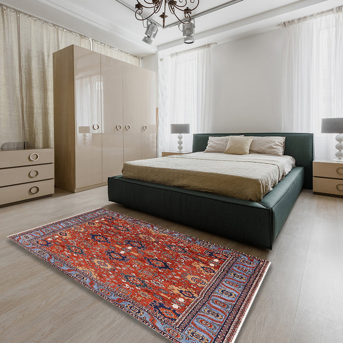 Mid-Century Modern Red Oriental Rug in a Bedroom, urb733