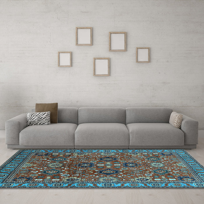 Machine Washable Oriental Light Blue Industrial Rug in a Living Room, wshurb733lblu