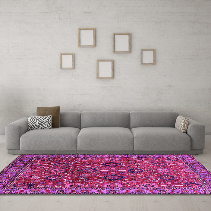 Machine Washable Oriental Pink Industrial Rug in a Living Room, wshurb733pnk