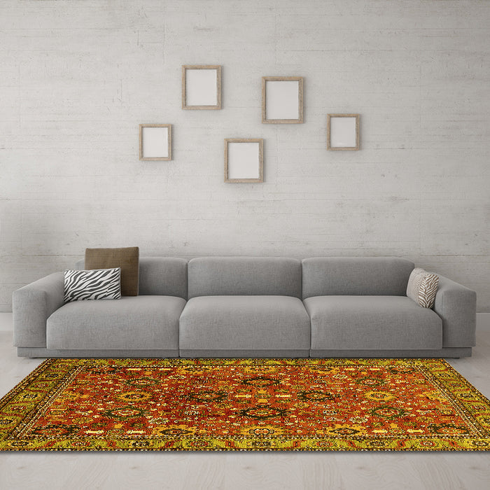 Machine Washable Oriental Yellow Industrial Rug in a Living Room, wshurb733yw